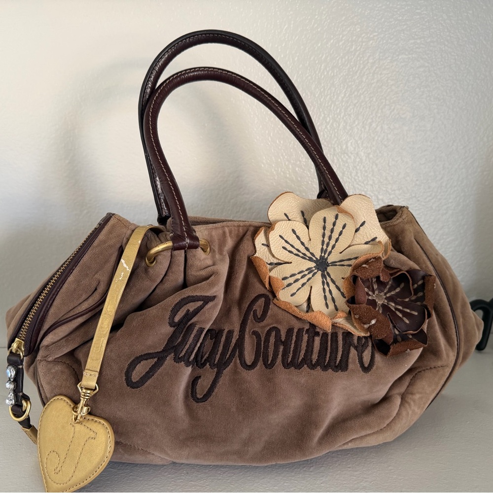 Vintage Y2K Juicy Couture Leather & Velour Daydreamer Embroidered Shoulder Bag